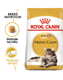 ROYAL CANIN® Maine Coon Adult to sucha karma dla dorosłych kotów rasy maine coon, opracowana z myślą o zdrowiu kości, stawów, skóry oraz serca. Zawiera taurynę i kwasy omega 3. Specjalnie opracowany krokiet.