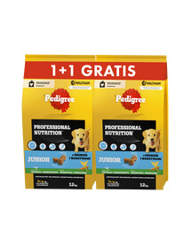 PEDIGREE Junior Professional Nutrition 12 kg z drobiem i warzywami dla szczeniąt psów dużych i średnich ras + 12 kg GRATIS