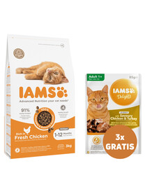 IAMS For Vitality Cat Adult Hairball Chicken 3 kg + 3 x kurczak i indyk w sosie 85 g GRATIS