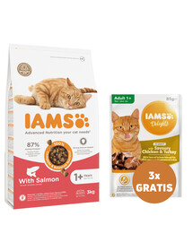IAMS for Vitality dla dorosłych kotów z łososiem 3 kg + 3 x kurczak i indyk w sosie 85 g GRATIS