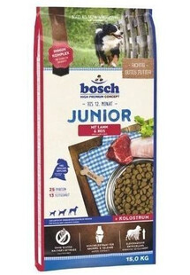 Bosch Junior Lamb & Rice 15 kg - sucha karma dla młodych psów z jagnięciną i ryżem 15kg + przysmaki treningowe z zającem 300 g