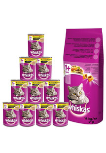 WHISKAS Adult 14kg z kurczakiem i warzywami + mokra karma 24x400g