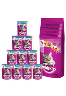 WHISKAS Adult 14kg z tuńczykiem i warzywami + WHISKAS mokra karma 24x400g