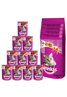 WHISKAS Adult zestaw 14kg z wołowiną i warzywami + mokra karma 24x400g