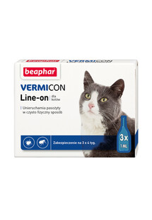 Beaphar Vermicon Line - on 3 x 1 ml -  krople przeciw ektopasożytom dla kotów 3x1ml