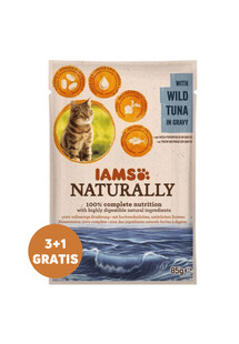 IAMS Naturally Adult Cat with Wild Tuna in Gravy tuńczyk w sosie 3 x 85 g + 1 GRATIS