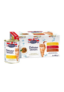 BUTCHER'S Delicious Dinners Cat Meaty selection in Jelly zestaw 6x400 g kawałki w galarecie z kurczakiem, z wołowiną i z dziczyzną dla kota