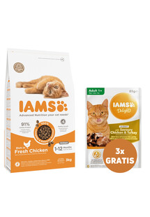 IAMS For Vitality Cat Adult Hairball Chicken 3 kg + 3 x kurczak i indyk w sosie 85 g GRATIS