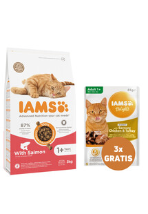 IAMS for Vitality dla dorosłych kotów z łososiem 3 kg + 3 x kurczak i indyk w sosie 85 g GRATIS