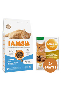 IAMS For Vitality Cat Senior Ocean Fish karma dla starszych kotów z rybą 3 kg + 3 x kurczak i indyk w sosie 85 g GRATIS