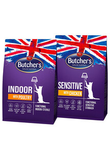 BUTCHER'S Functional Cat Indoor z drobiem 800 g + Sensitive z kurczakiem 800 g