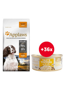 APPLAWS Adult Small & Medium Breed karma dla dorosłych psów ras małych i średnich z kurczakiem 15 kg + Pierś z kurczaka w bulionie 36 x 156 g GRATIS