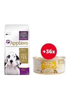 APPLAWS Large Breed Puppy Chicken bezzbożowa sucha karma dla szczeniąt ras dużych z kurczakiem 15 kg + Pierś z kurczaka w bulionie 36 x 156 g GRATIS