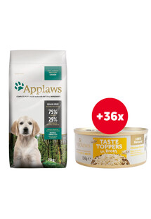 APPLAWS Puppy Small & Medium Breed Chicken sucha karma dla szczeniąt ras małych i średnich z kurczakiem 15 kg + Pierś z kurczaka w bulionie 36 x 156 g GRATIS