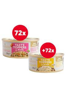 APPLAWS Taste Toppers Pierś z kurczaka, łosoś, dynia w bulionie 72 x 156 g + Pierś z kurczaka w bulionie 72 x 156 g GRATIS