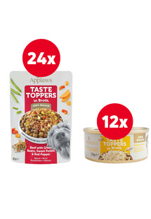 APPLAWS Taste Toppers Wołowina, zielona fasolka, pieprz w bulionie 24 x 85 g + Pierś z kurczaka w bulionie 12 x 156 g GRATIS