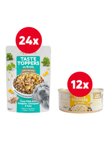 APPLAWS Taste Toppers Filet z tuńczyka, dynia, jarmuż w bulionie 24 x 85 g + Pierś z kurczaka w bulionie 12 x 156 g GRATIS