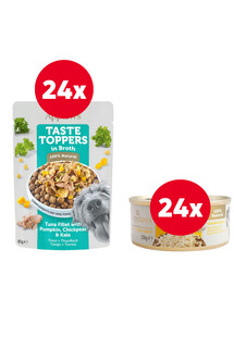 APPLAWS Taste Toppers Filet z tuńczyka, dynia, jarmuż w bulionie 24 x 85 g + Pierś z kurczaka w bulionie 24 x 156 g GRATIS