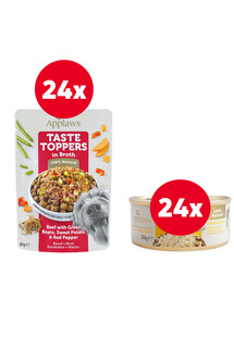 APPLAWS Taste Toppers Wołowina, zielona fasolka, pieprz w bulionie 24 x 85 g + Pierś z kurczaka w bulionie 24 x 156 g GRATIS