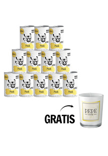 PAKA ZWIERZAKA PEPE Pork 99% (wieprzowina) 12 x  400 g monoproteinowa karma + świeczka GRATIS