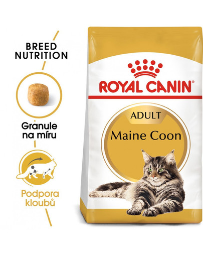 ROYAL CANIN® Maine Coon Adult to sucha karma dla dorosłych kotów rasy maine coon, opracowana z myślą o zdrowiu kości, stawów, skóry oraz serca. Zawiera taurynę i kwasy omega 3. Specjalnie opracowany krokiet.