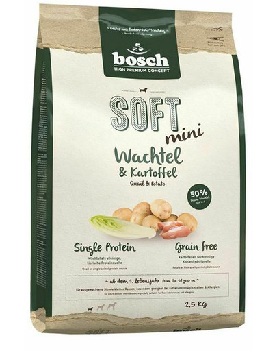 BOSCH Soft mini przepiórka i ziemniak 2,5 kg + przysmaki treningowe ze strusiem 300 g