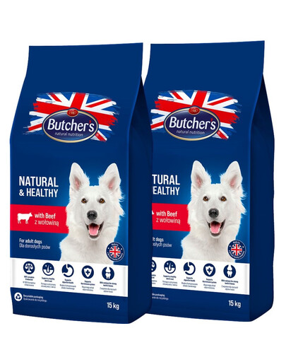 Butcher'BUTCHER'S Natural&Healthy sucha karma z wołowiną dla psa 30 kg (2 x 15 kg)s Natural&Healthy Dog Dry z Wołowiną 30 kg (2x 15kg) - sucha karma dla psów z Wołowiną