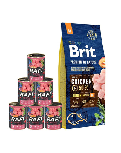 Brit Premium By Nature Junior Medium Chicken 15 kg + mokra karma z cielęciną 6x400 g