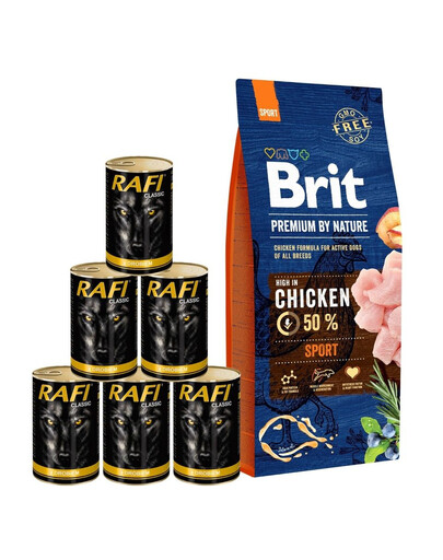 Brit Premium By Nature Sport Chicken 15 kg - sucha karma dla psów aktywnych z kurczakiem 15kg + mokra karma z drobiem 6x1240 g