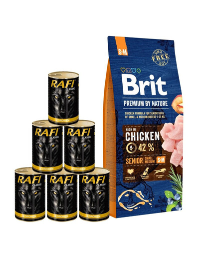 Brit Premium By Nature Senior Small/Medium Chicken 15 kg + mokra karma z drobiem 6x1240 g