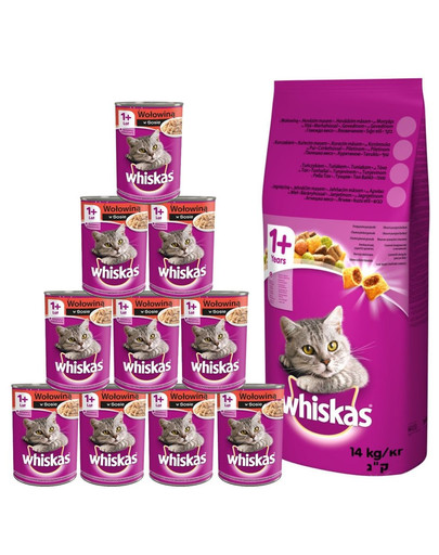 WHISKAS Adult zestaw 14kg z wołowiną i warzywami + mokra karma 24x400g