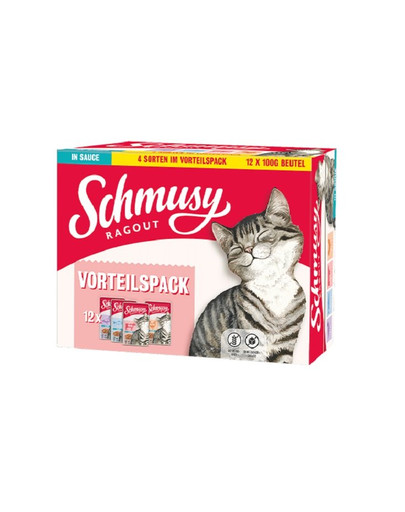 SCHMUSY RAGOUT Adult in Sauce Multibox 12x100g saszetki w sosie (kurczak, wołowina, łosoś, kaczka) dla kotów