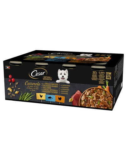 Natural Goodness Casserole 12x400 g z kurczakiem, z białą rybą, z indykiem w sosie z pełnoziarnistym zbożem dla dorosłych psów