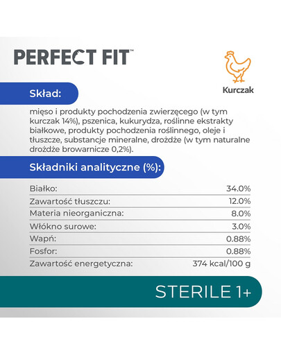 Sterile 1+ Bogata w kurczaka 3x2,8 kg sucha karma pełnoporcjowa dla dorosłych sterylizowanych kotów