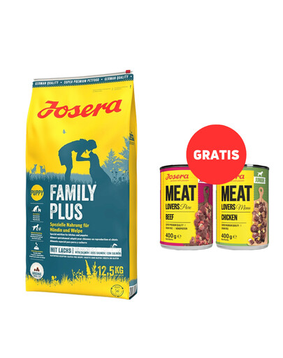 JOSERA FamilyPlus 12,5kg dla szczeniąt, suk w ciąży oraz suk karmiących + 2 x 400g Meat Lovers Junior GRATIS