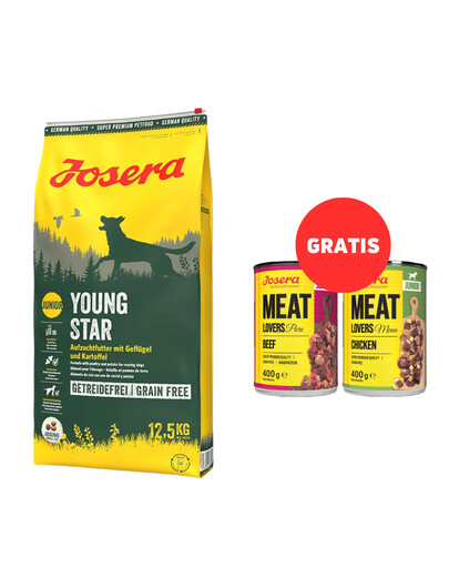 JOSERA YoungStar 12,5kg dla szczeniąt i młodych psów + 2 x 400g Meat Lovers Junior GRATIS