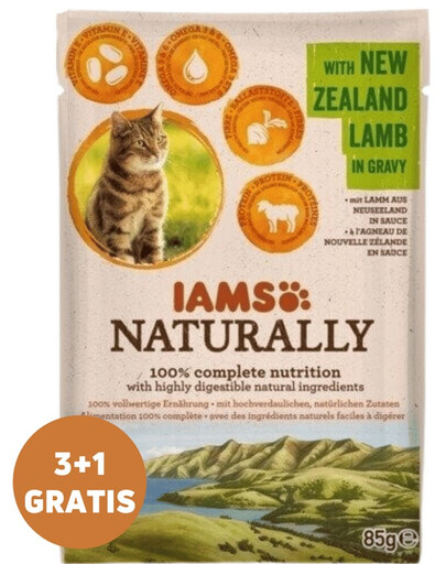 IAMS Naturally Adult New Zealand Lamb in Gravy jagnięcina w sosie 3 x 85 g + 1 GRATIS