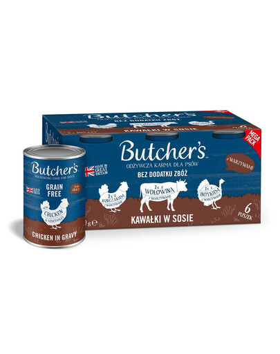 BUTCHER'S Original Recipe in gravy Mix zestaw smaków z warzywami 6x400 g kawałki w sosie z wołowiną, z indykiem i z kurczakiem dla psa