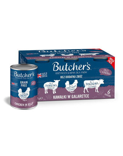 BUTCHER'S Original Recipe in jelly Mix zestaw smaków z wątróbką lub nerkami 6x400 g kawałki w galaretce z wołowiną, z jagnięciną i z kurczakiem dla psa