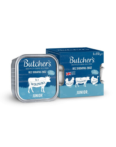 BUTCHER'S Original Junior Mix smaków zestaw 4x150 g pasztet z kurczakiem, z wołowiną i z indykiem dla szczeniąt