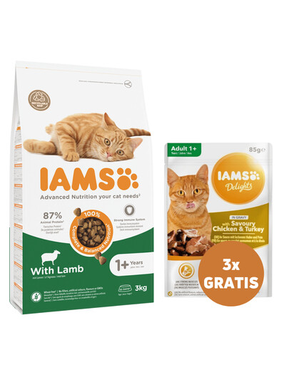 IAMS for Vitality dla dorosłych kotów z jagnięciną 3 kg + 3 x kurczak i indyk w sosie 85 g GRATIS