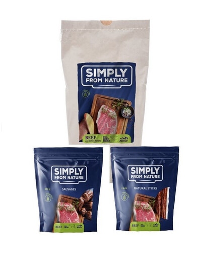 SIMPLY FROM NATURE Zestaw promocyjny karma sucha dla psa  z wołowiną 1,2 kg + naturalne przekąski wołowe