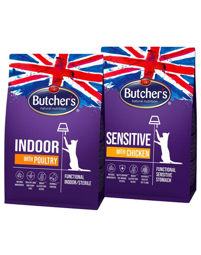 BUTCHER'S Functional Cat Indoor z drobiem 800 g + Sensitive z kurczakiem 800 g