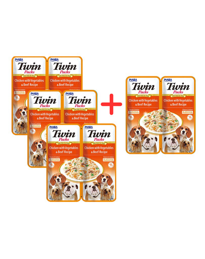 INABA Dog Twin Kurczak, warzywa i wołowina w bulionie dla psów 2x40 g 3+1 GRATIS