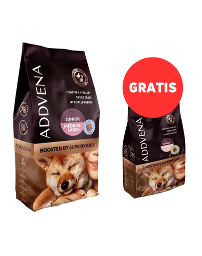 ADDVENA Boosted by Superfoods Junior medium&large 10kg dla szczeniąt ras średnich i dużych + 2,5kg dla szczeniąt ras małych GRATIS