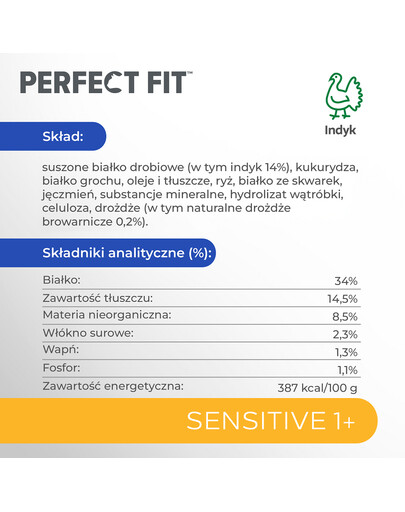 PERFECT FIT Sensitive 1+ Bogata w indyka 7 kg sucha karma pełnoporcjowa dla dorosłych wrażliwych kotów