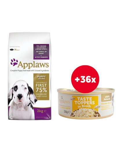 APPLAWS Large Breed Puppy Chicken bezzbożowa sucha karma dla szczeniąt ras dużych z kurczakiem 15 kg + Pierś z kurczaka w bulionie 36 x 156 g GRATIS