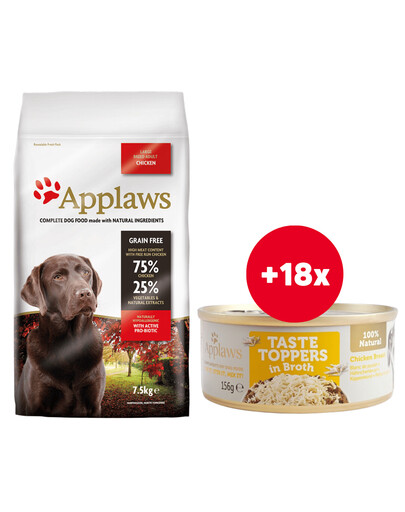 APPLAWS Large Breed Chicken Karma dla psów ras dużych z kurczakiem 7.5 kg + Pierś z kurczaka w bulionie 18 x 156 g GRATIS