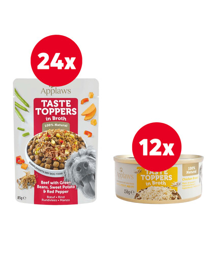 APPLAWS Taste Toppers Wołowina, zielona fasolka, pieprz w bulionie 24 x 85 g + Pierś z kurczaka w bulionie 12 x 156 g GRATIS