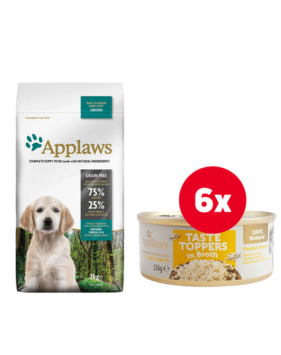 APPLAWS Puppy Small Medium Chicken 2 kg z kurczakiem dla szczeniąt małych i średnich ras + Pierś z kurczaka w bulionie 6 x 156 g GRATIS